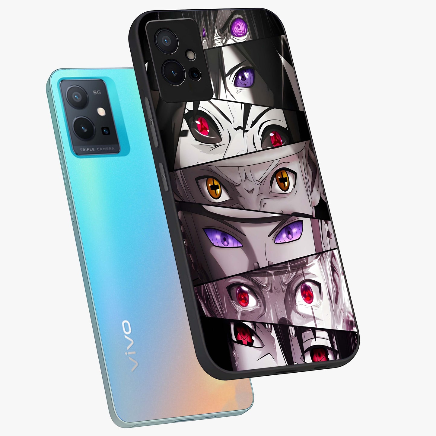 Eyes of Destiny Glass Case displayed in angled mockup highlighting bold eye illustration with mystical aesthetic style.