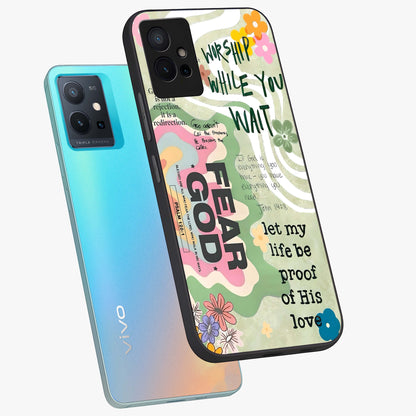 Faith Over Fear Glass Case displayed in angled mockup highlighting inspirational message design with modern aesthetic style.