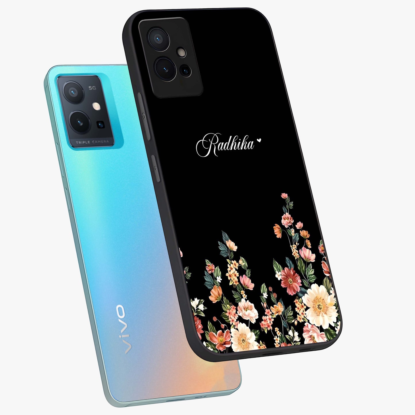 Floral Design With a Custom Personalized Name Glass Case displayed in angled mockup highlighting elegant floral pattern with custom name feature.