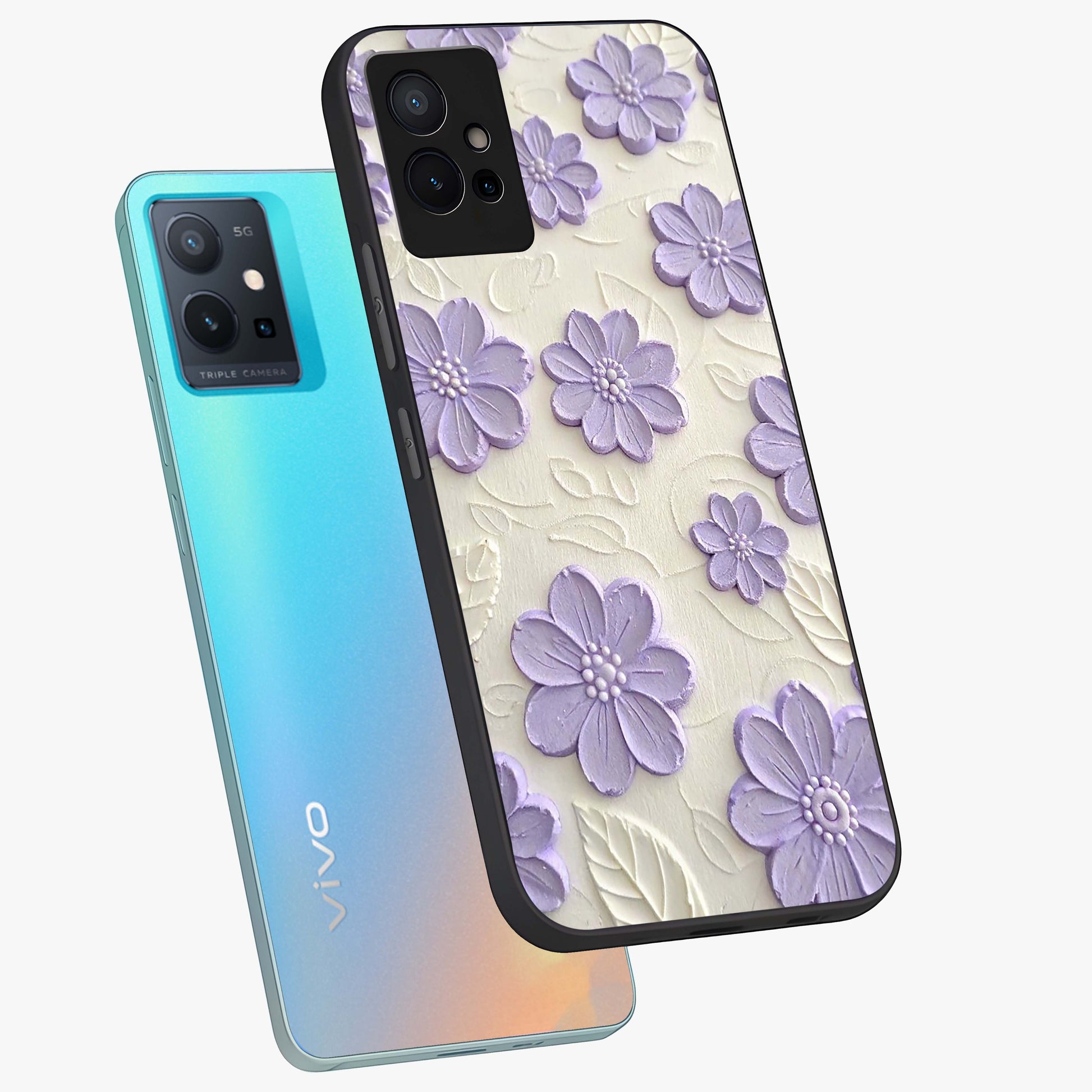 Floral Wall Art With Purple Flowers Glass Case displayed in angled mockup highlighting vibrant purple floral illustration with artistic aesthetic.