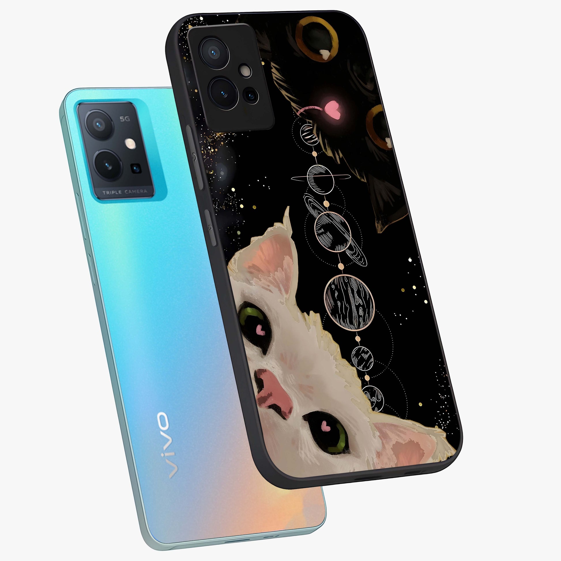 Galactic Cat Glass Case displayed in angled mockup highlighting celestial feline illustration with galaxy aesthetic style.