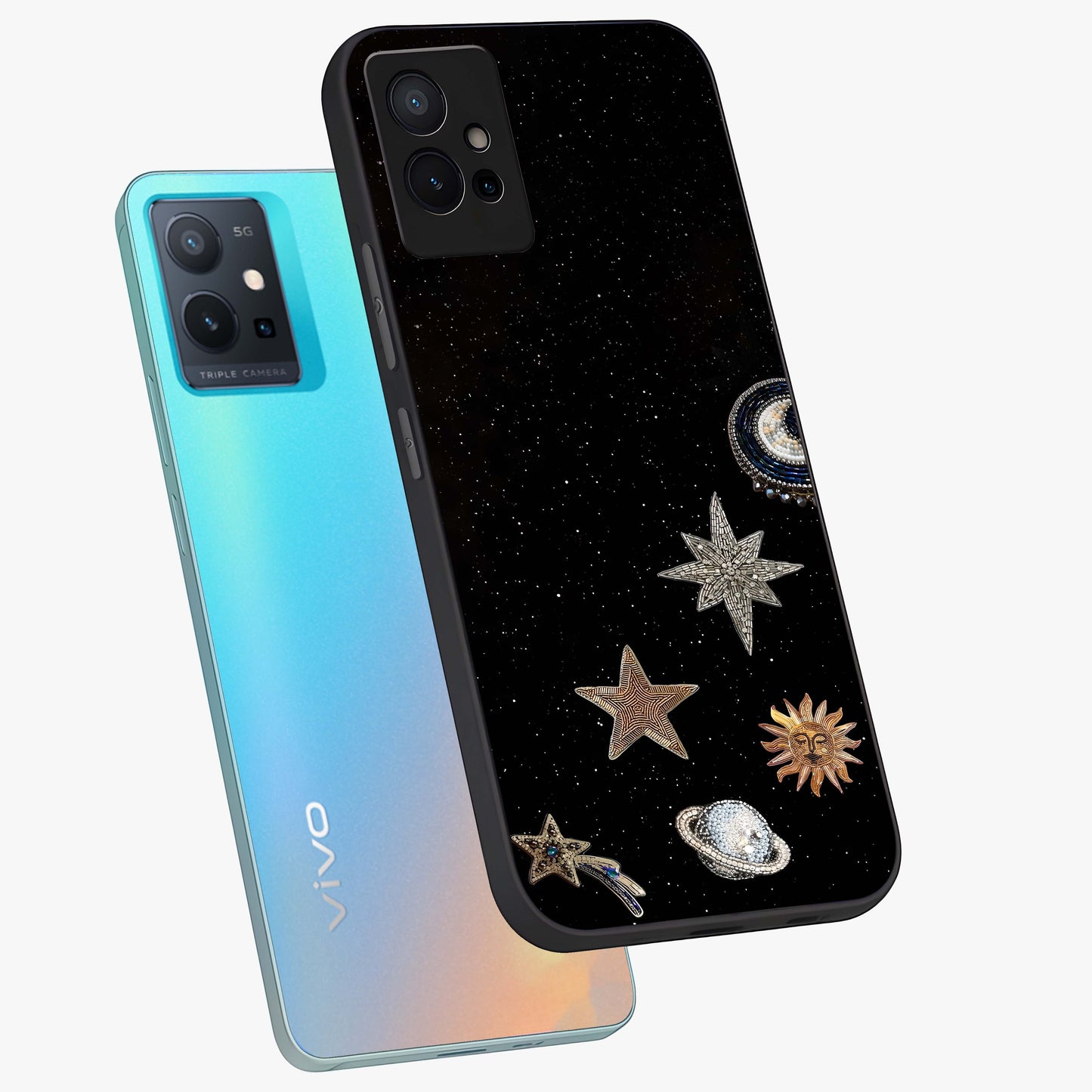 Galactic Charm Glow Glass Case displayed in angled mockup highlighting luminous galaxy inspired design with dreamy aesthetic.