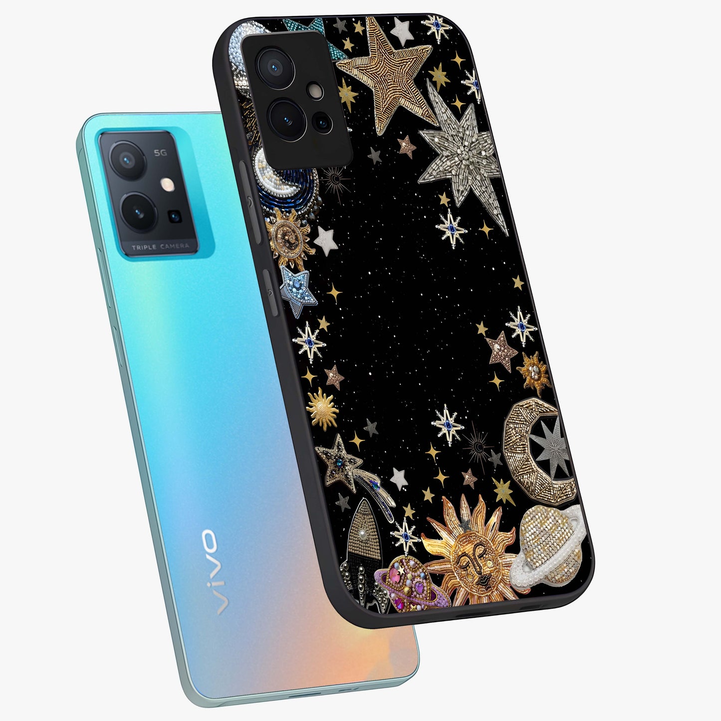 Galactic Jewel Stars Glass Case displayed in angled mockup highlighting shining celestial star design with cosmic aesthetic style.