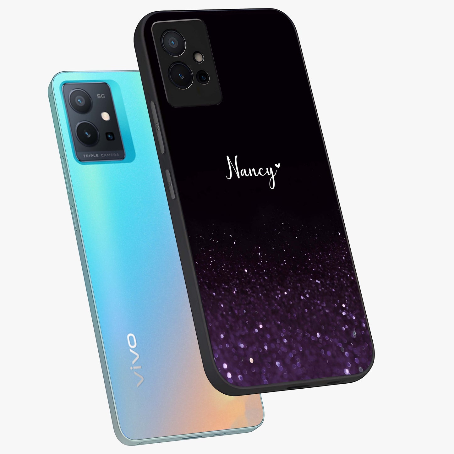 Glittery Purple Bokeh Custom Name Glass Case displayed in angled mockup highlighting glitter bokeh pattern with custom name feature.