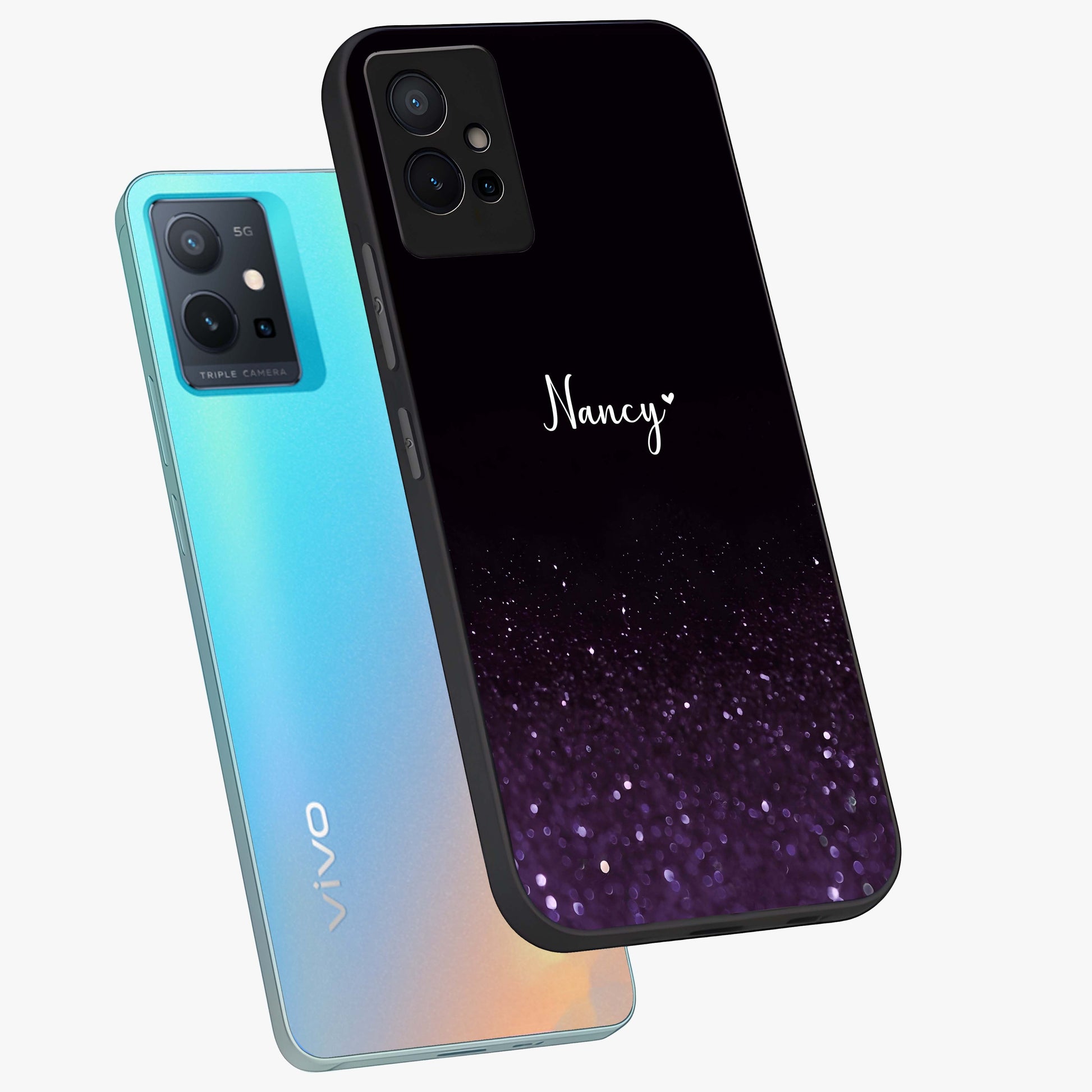 Glittery Purple Bokeh Custom Name Glass Case displayed in angled mockup highlighting glitter bokeh pattern with custom name feature.