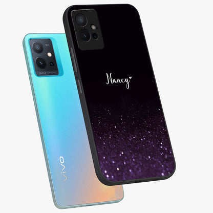 Glittery Purple Bokeh Custom Name Glass Case displayed in angled mockup highlighting glitter bokeh pattern with custom name feature.
