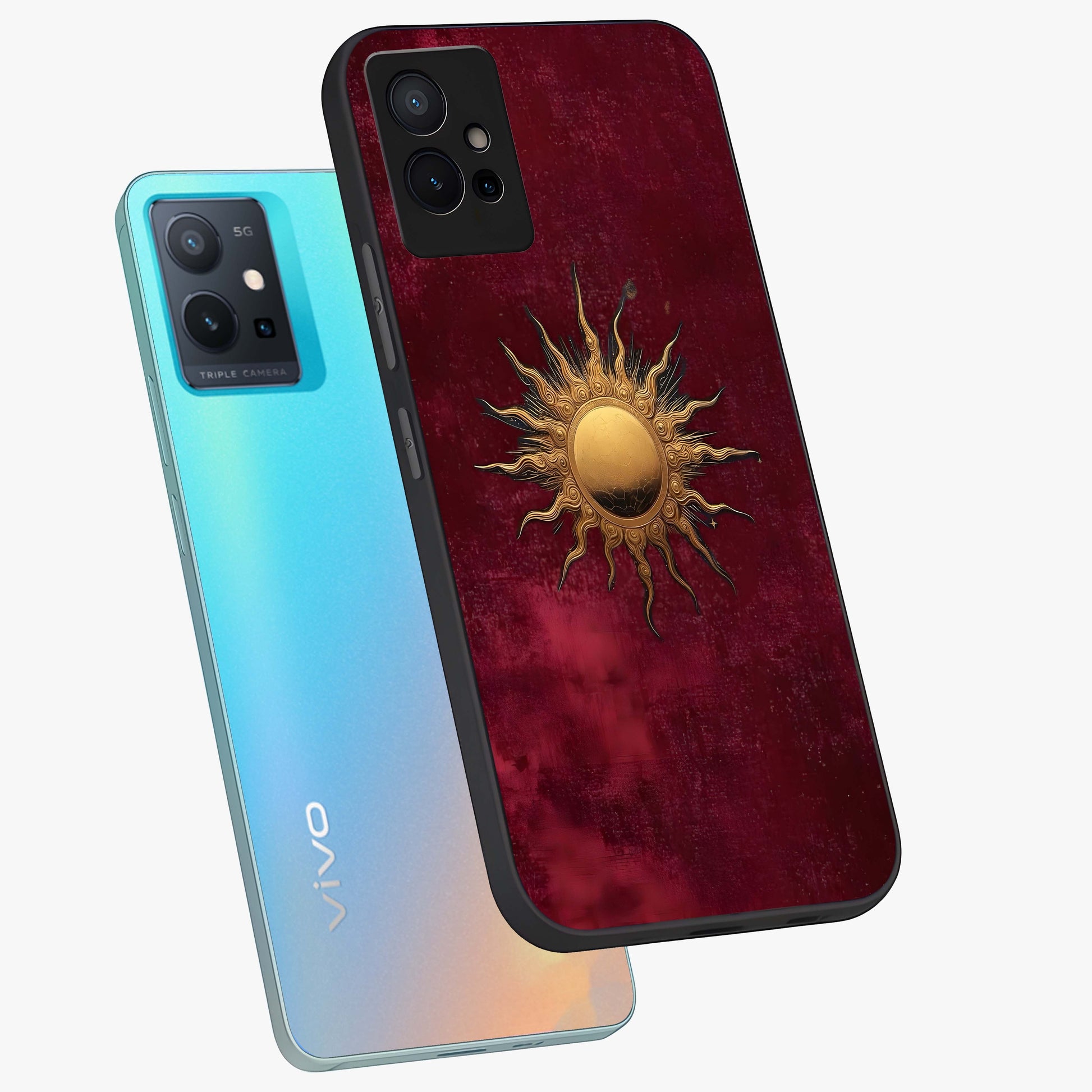 Golden Sun Minimalism Glass Case displayed in angled mockup highlighting clean sun symbol design with modern minimal aesthetic.