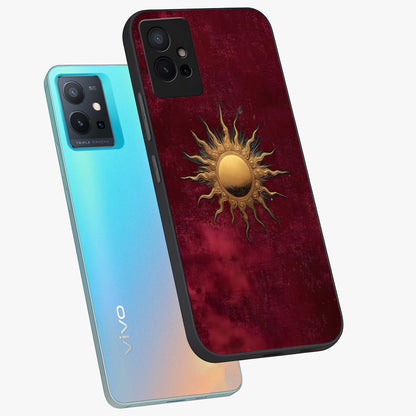 Golden Sun Minimalism Glass Case displayed in angled mockup highlighting clean sun symbol design with modern minimal aesthetic.