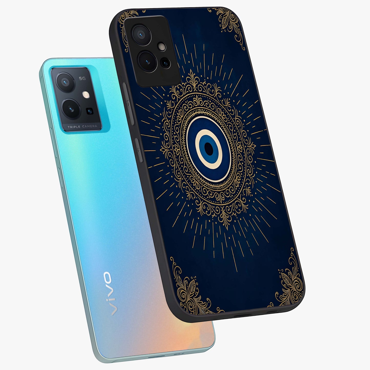 Golden Celestial Charm Glass Case displayed in angled mockup highlighting sparkling cosmic charm design with celestial aesthetic.