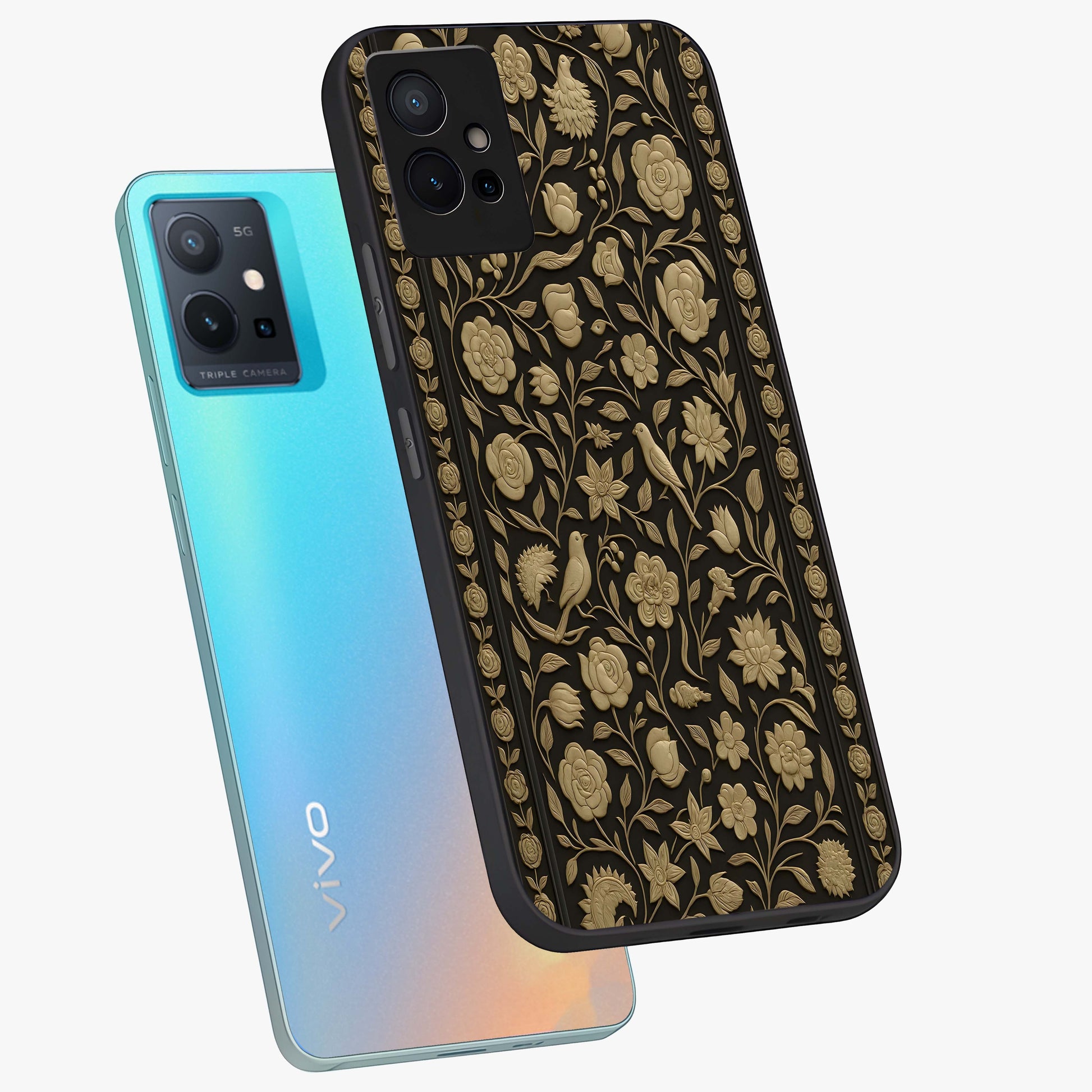 Golden Evil Eye Mandala Glass Case displayed in angled mockup highlighting protective evil eye symbol with golden mandala design.