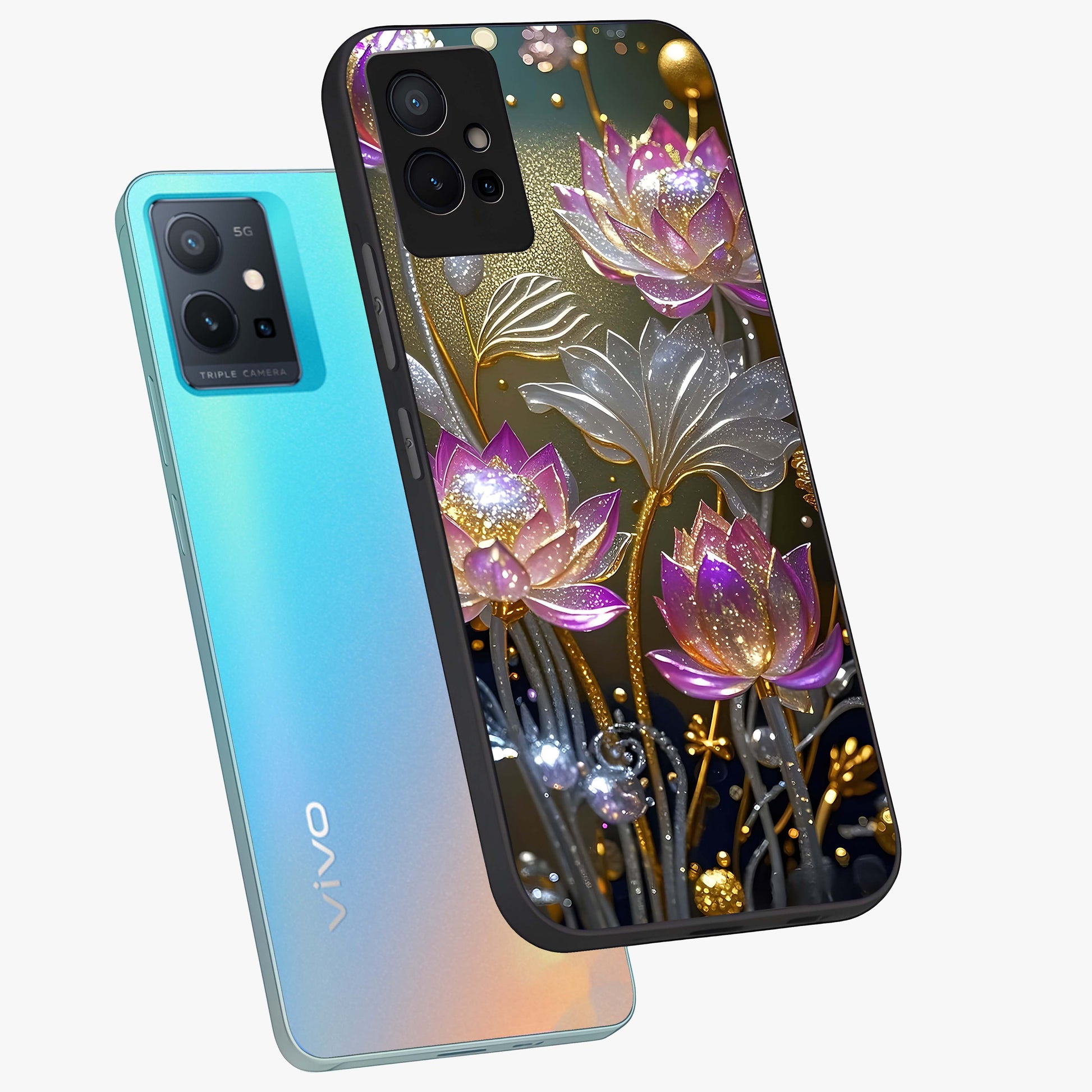 Golden Floral Majesty Glass Case displayed in angled mockup highlighting elegant flower design with royal golden aesthetic.