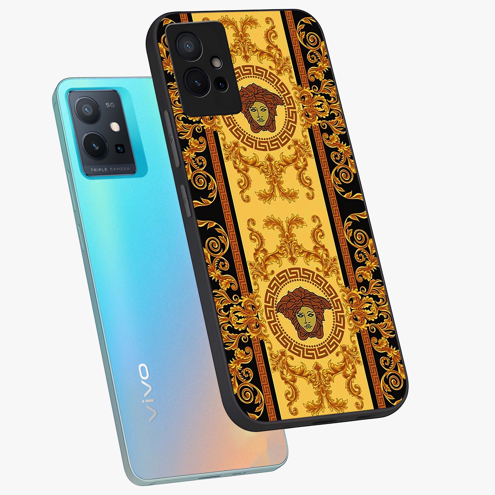 Golden Lotus Glow Glass Case displayed in angled mockup highlighting radiant lotus illustration with spiritual aesthetic.