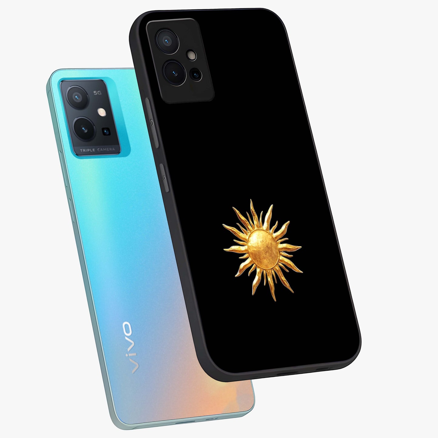 Golden Sun Minimalism Glass Case displayed in angled mockup highlighting eerie shadow illustration with gothic aesthetic.