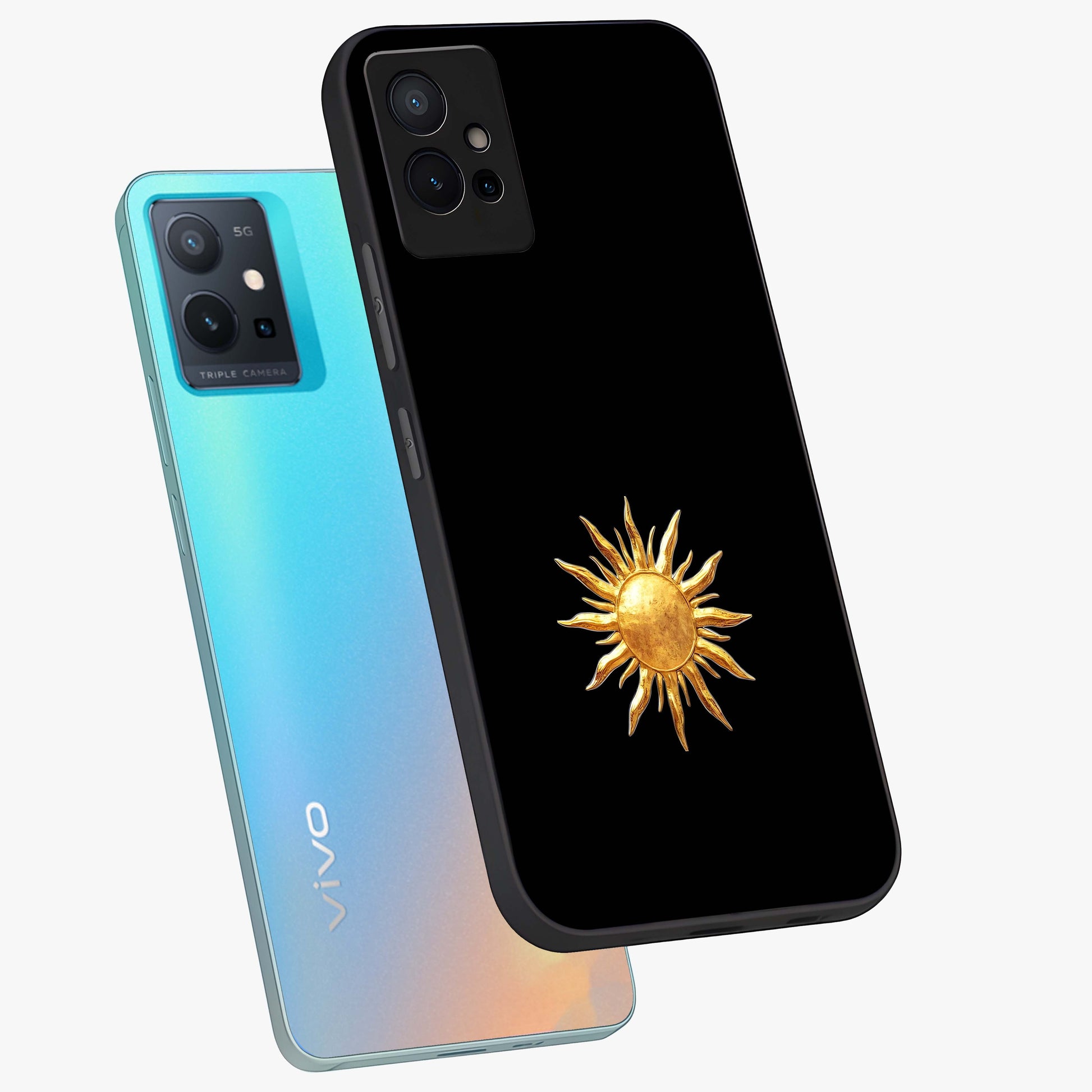 Golden Sun Minimalism Glass Case displayed in angled mockup highlighting eerie shadow illustration with gothic aesthetic.