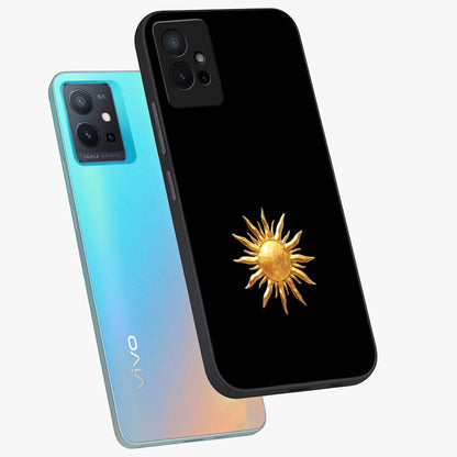 Golden Sun Minimalism Glass Case displayed in angled mockup highlighting eerie shadow illustration with gothic aesthetic.