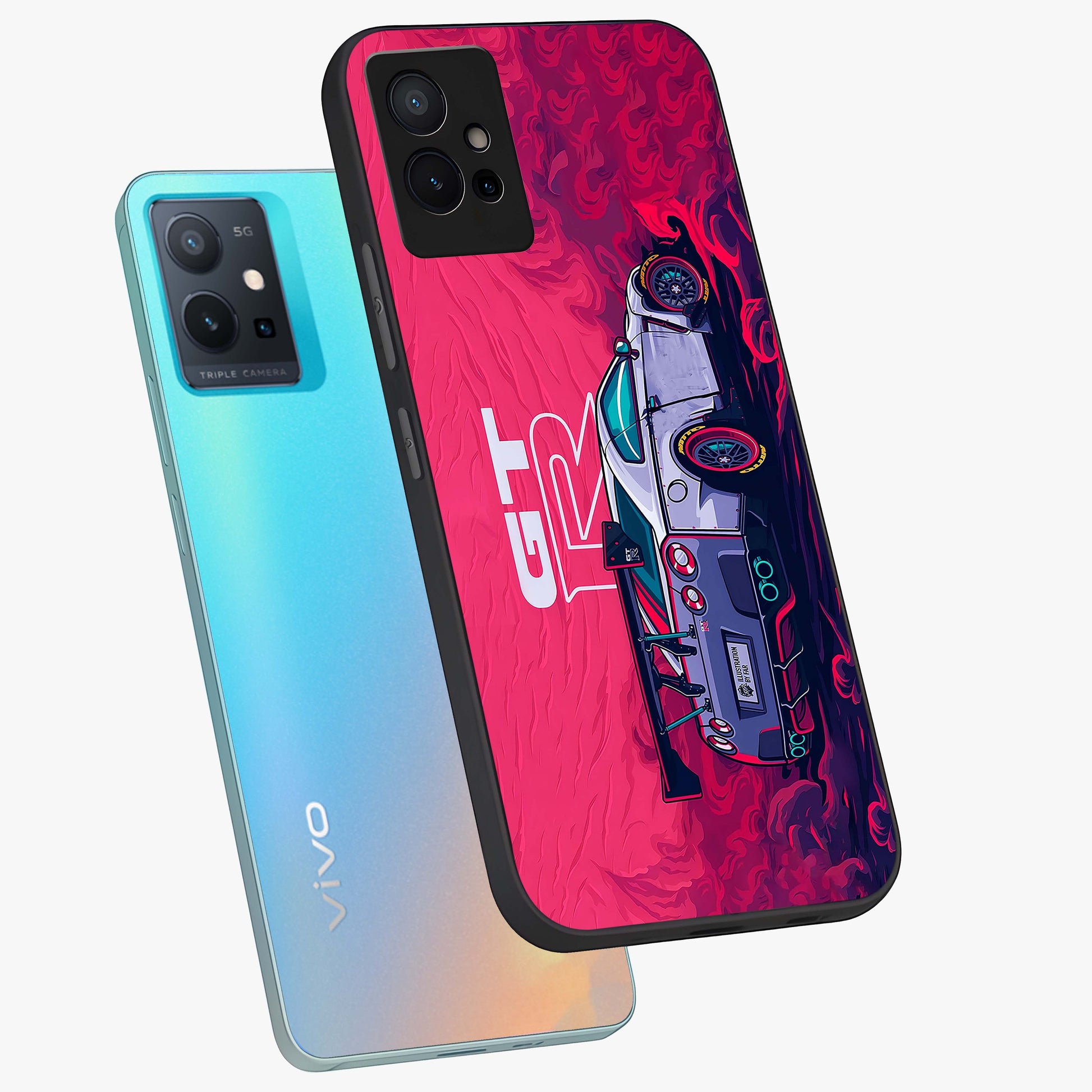 GT-R Car Pattern Glass Case displayed in angled mockup highlighting racing car graphic design with bold automotive aesthetic.