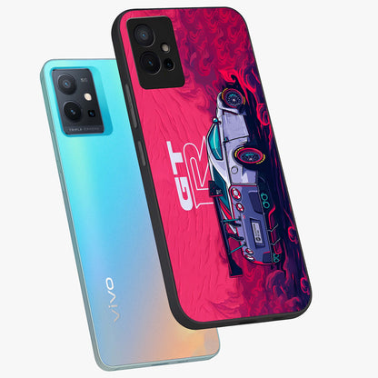 GT-R Car Pattern Glass Case displayed in angled mockup highlighting racing car graphic design with bold automotive aesthetic.