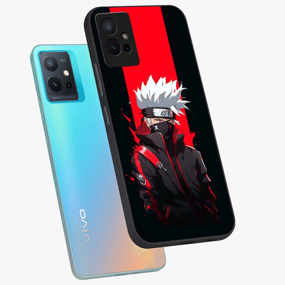 Kakashi Scarlet Shadow Glass Case displayed in angled mockup highlighting dramatic ninja illustration with scarlet themed aesthetic.
