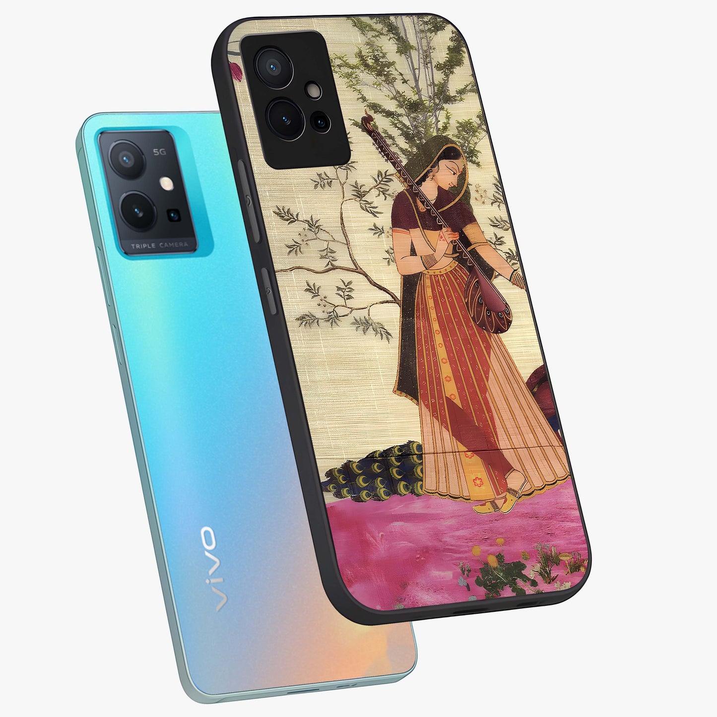 Lady With Veena Art Glass Case displayed in angled mockup highlighting graceful musical illustration with cultural artistic aesthetic.