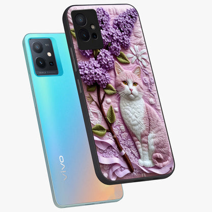 Lavender Cat Whimsy Glass Case displayed in angled mockup highlighting playful feline illustration with pastel lavender aesthetic.