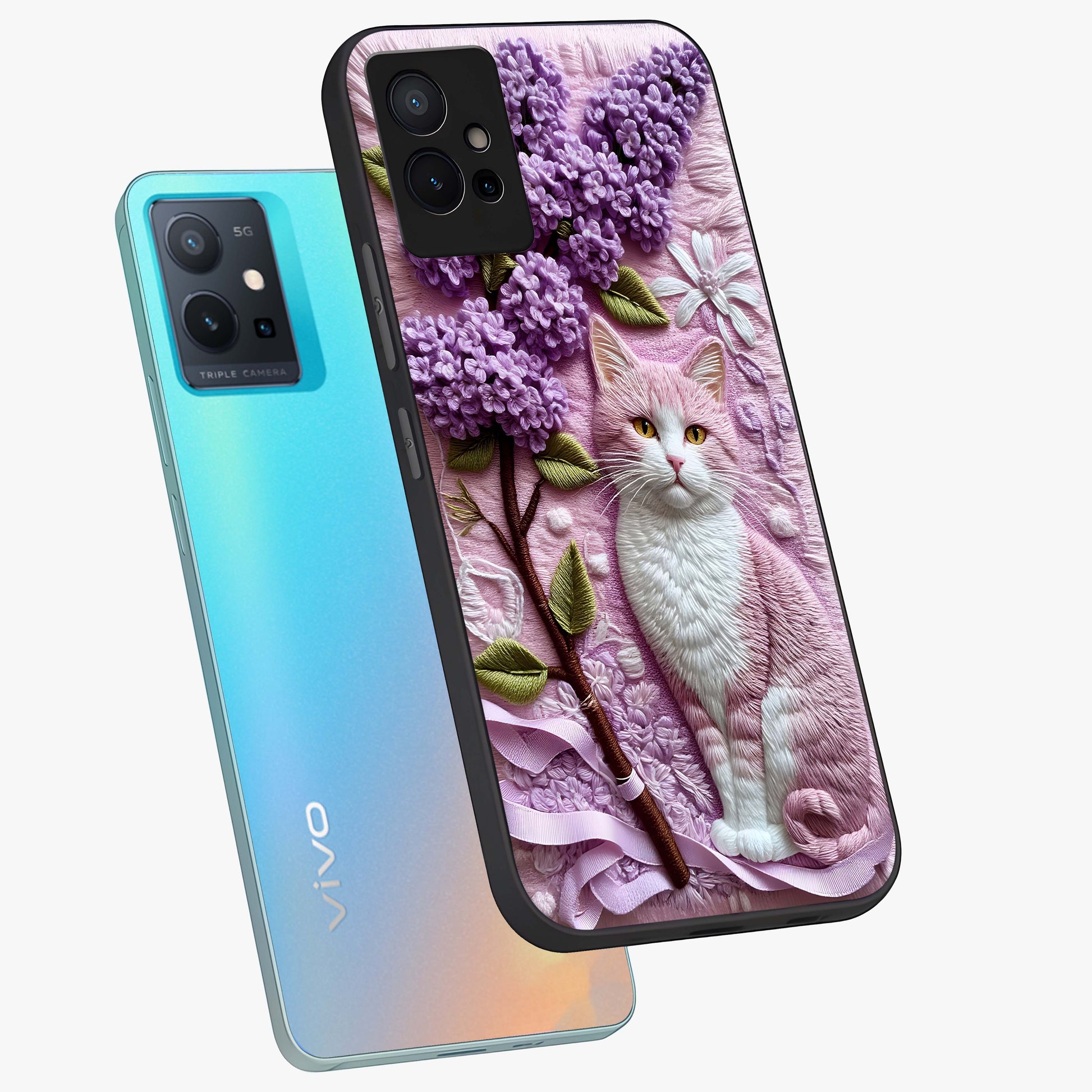 Lavender Cat Whimsy Glass Case displayed in angled mockup highlighting playful feline illustration with pastel lavender aesthetic.