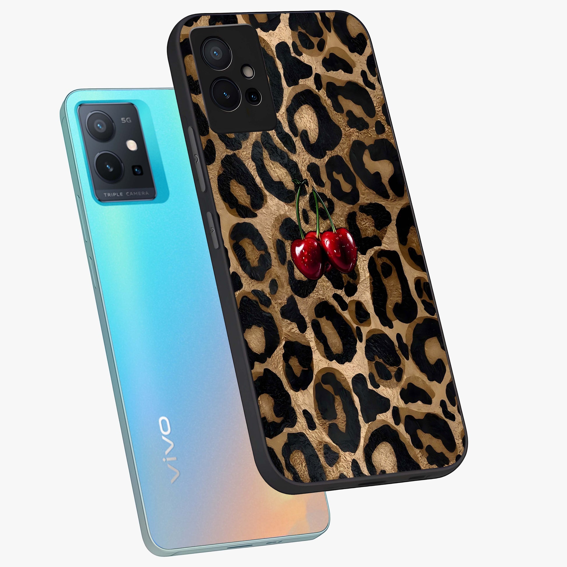 Leopard Wild Cherry Glass Case displayed in angled mockup highlighting bold animal print design with playful cherry aesthetic.