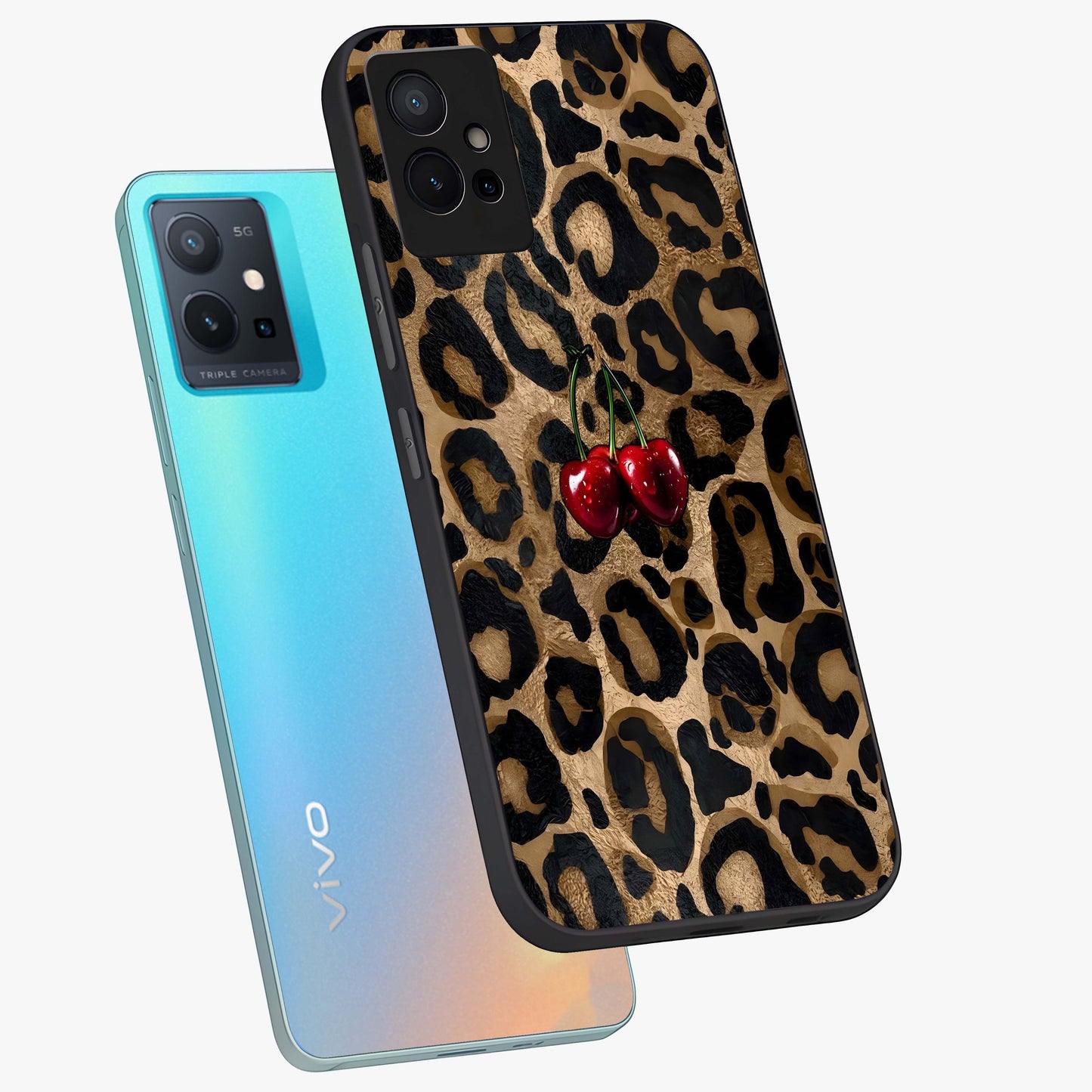 Leopard Wild Cherry Glass Case displayed in angled mockup highlighting bold animal print design with playful cherry aesthetic.