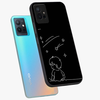 Line Art Boy With Shooting Stars Glass Case displayed in angled mockup highlighting elegant line art design with dreamy star aesthetic.