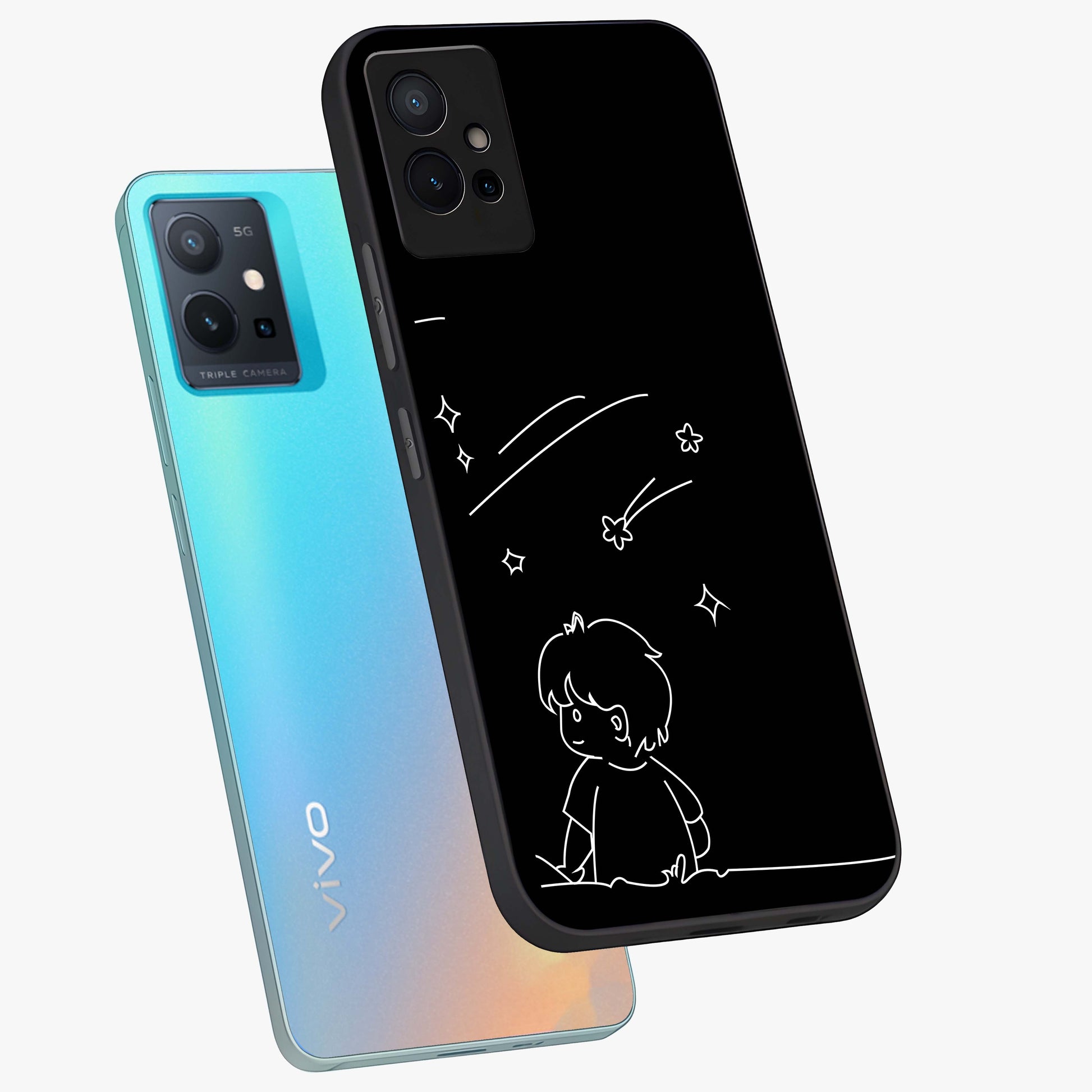 Line Art Boy With Shooting Stars Glass Case displayed in angled mockup highlighting elegant line art design with dreamy star aesthetic.