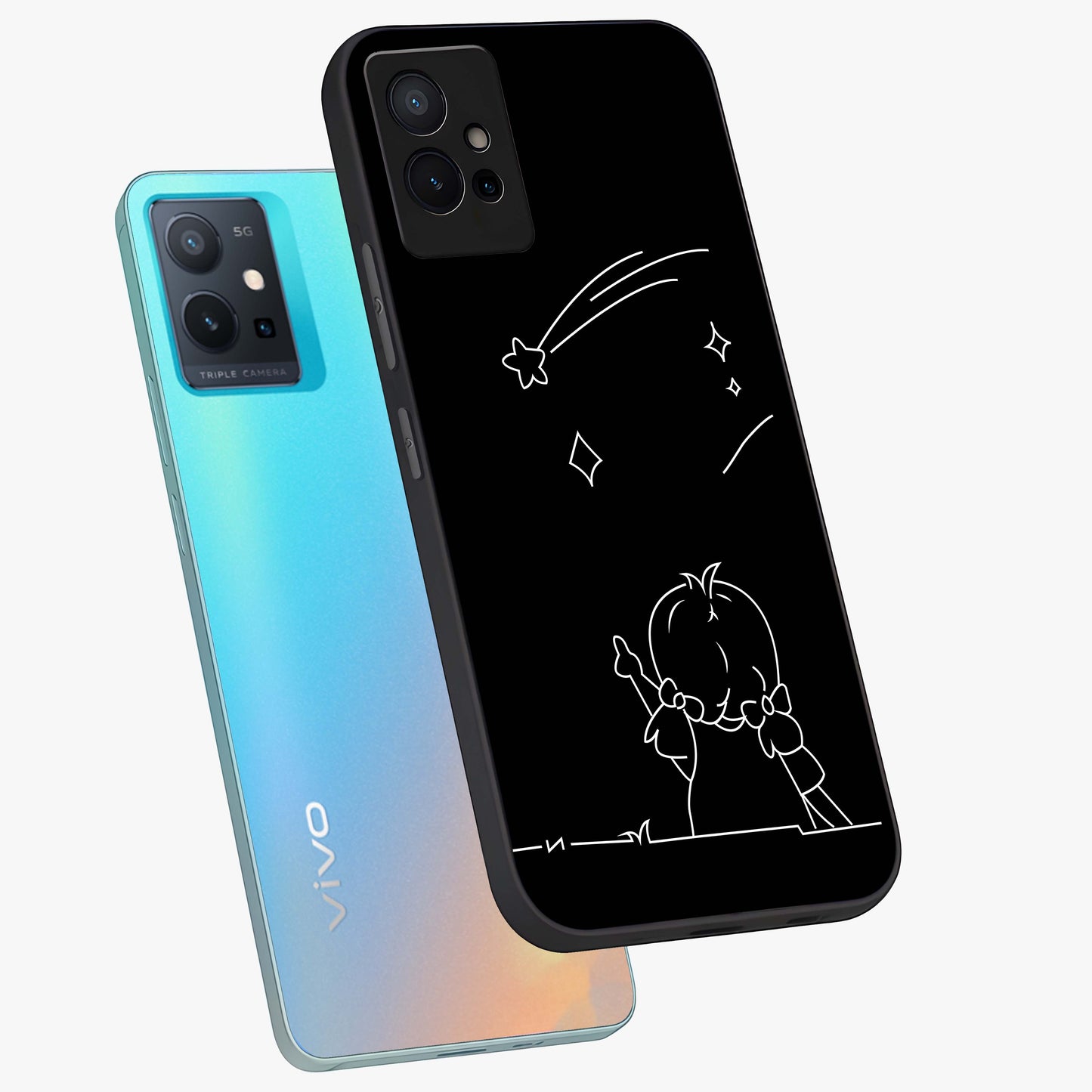 Line Art Girl With Shooting Stars Glass Case displayed in angled mockup highlighting elegant line art design with dreamy star aesthetic.