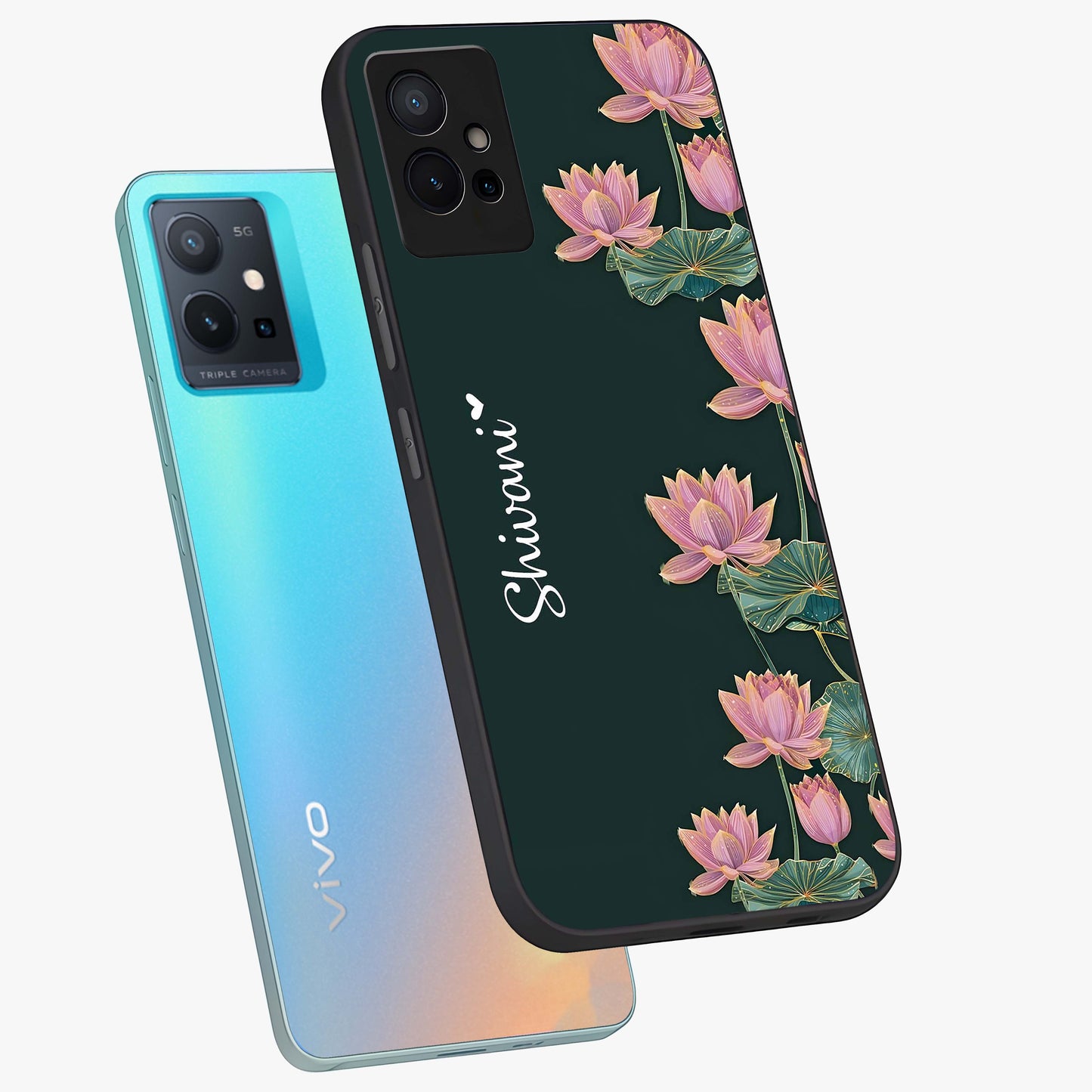 Lotus Bloom Serenity Custom Name Glass Case displayed in angled mockup highlighting graceful lotus illustration with custom name feature.