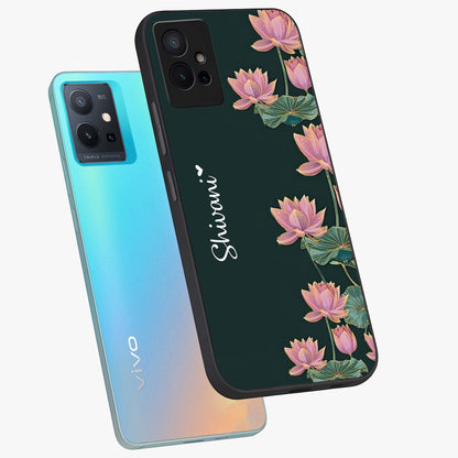 Lotus Bloom Serenity Custom Name Glass Case displayed in angled mockup highlighting graceful lotus illustration with custom name feature.
