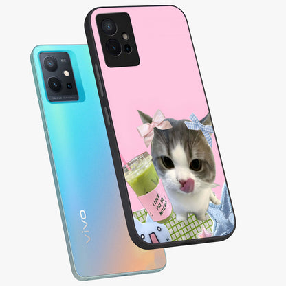 Love Matcha Cat Glass Case displayed in angled mockup highlighting playful feline illustration with cozy matcha aesthetic.