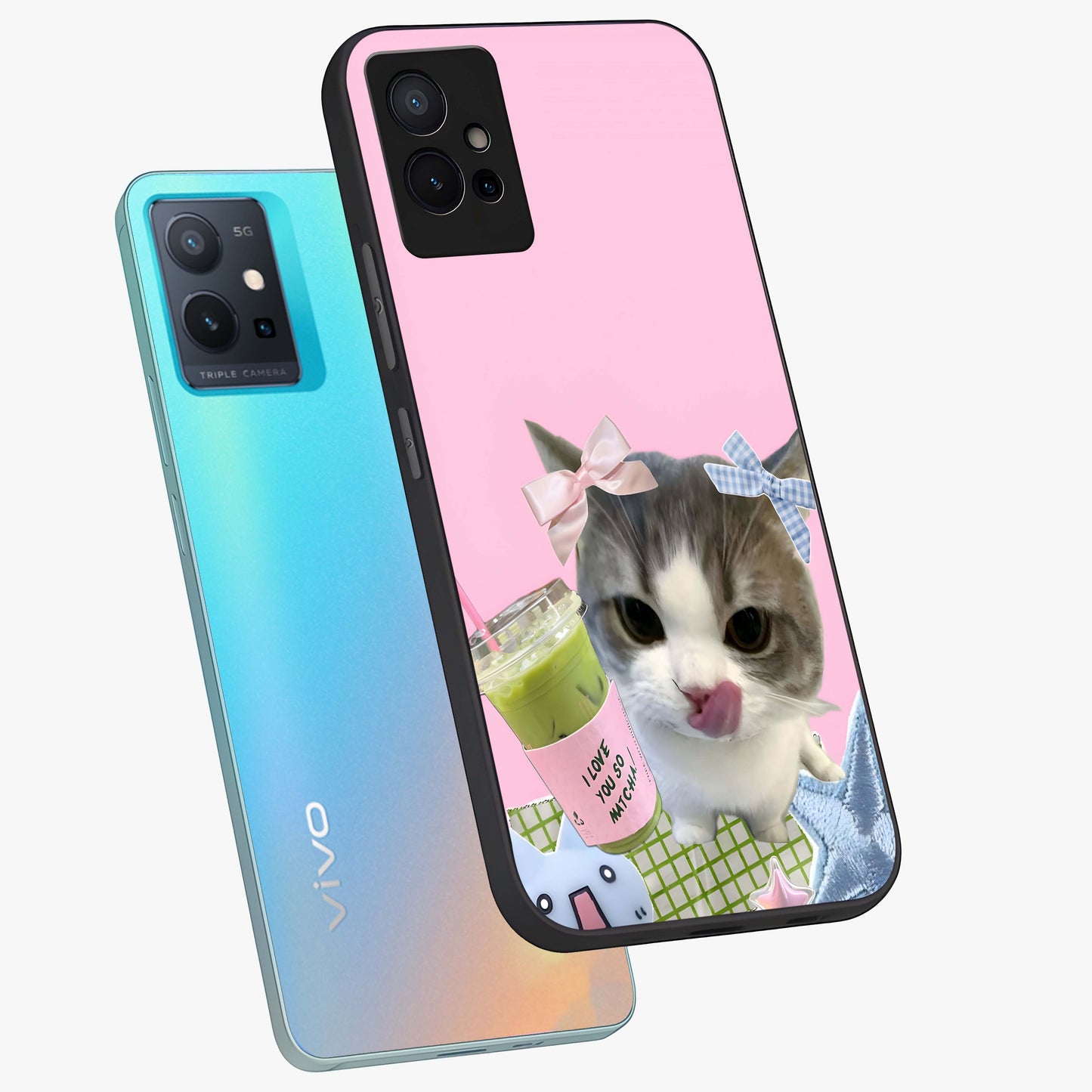 Love Matcha Cat Glass Case displayed in angled mockup highlighting playful feline illustration with cozy matcha aesthetic.
