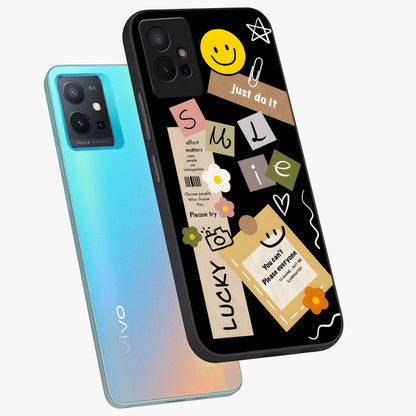 Lucky Aesthetic Collage Glass Case displayed in angled mockup highlighting stylish collage pattern with modern aesthetic vibe.