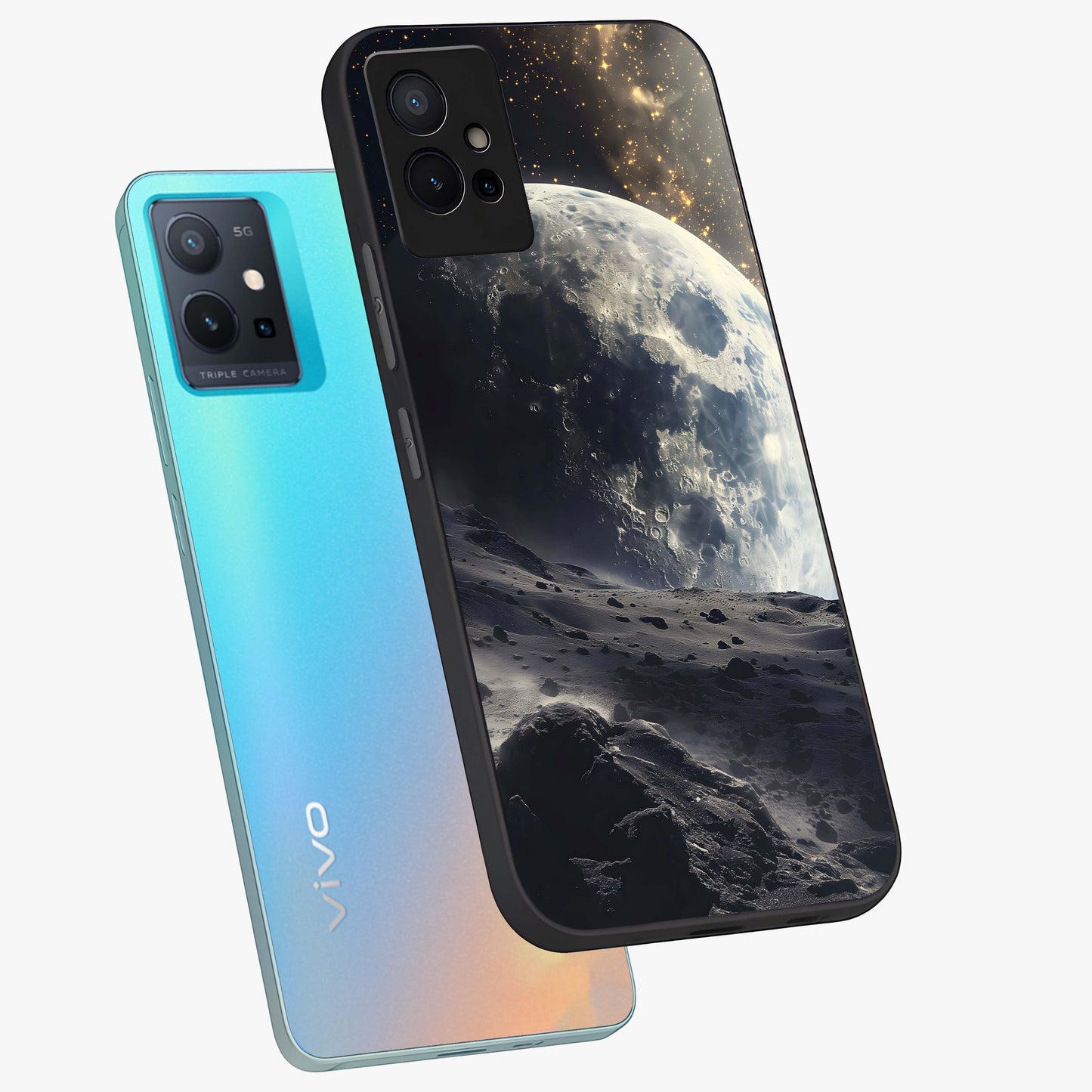 Lunar Horizon Glow Glass Case displayed in angled mockup highlighting celestial moon design with dreamy night aesthetic.