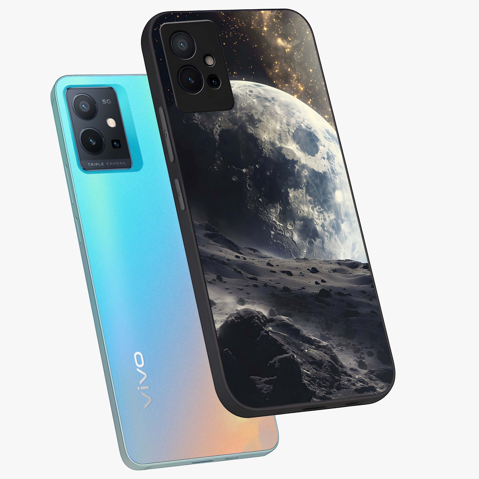 Lunar Horizon Glow Glass Case displayed in angled mockup highlighting celestial moon design with dreamy night aesthetic.