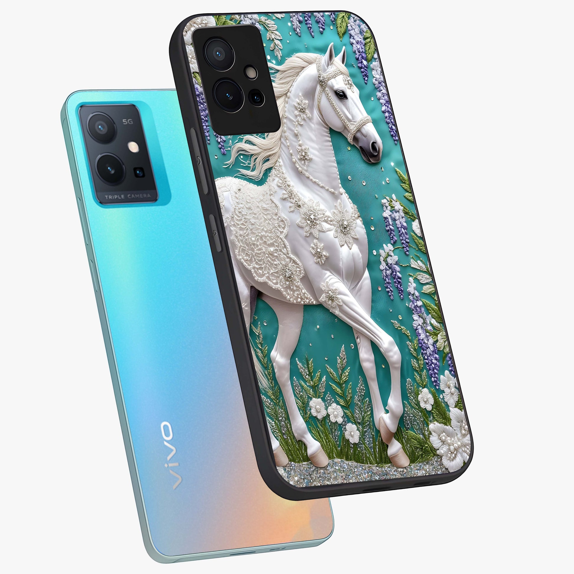Majestic Floral Stallion Glass Case displayed in angled mockup highlighting majestic stallion illustration with elegant floral aesthetic.