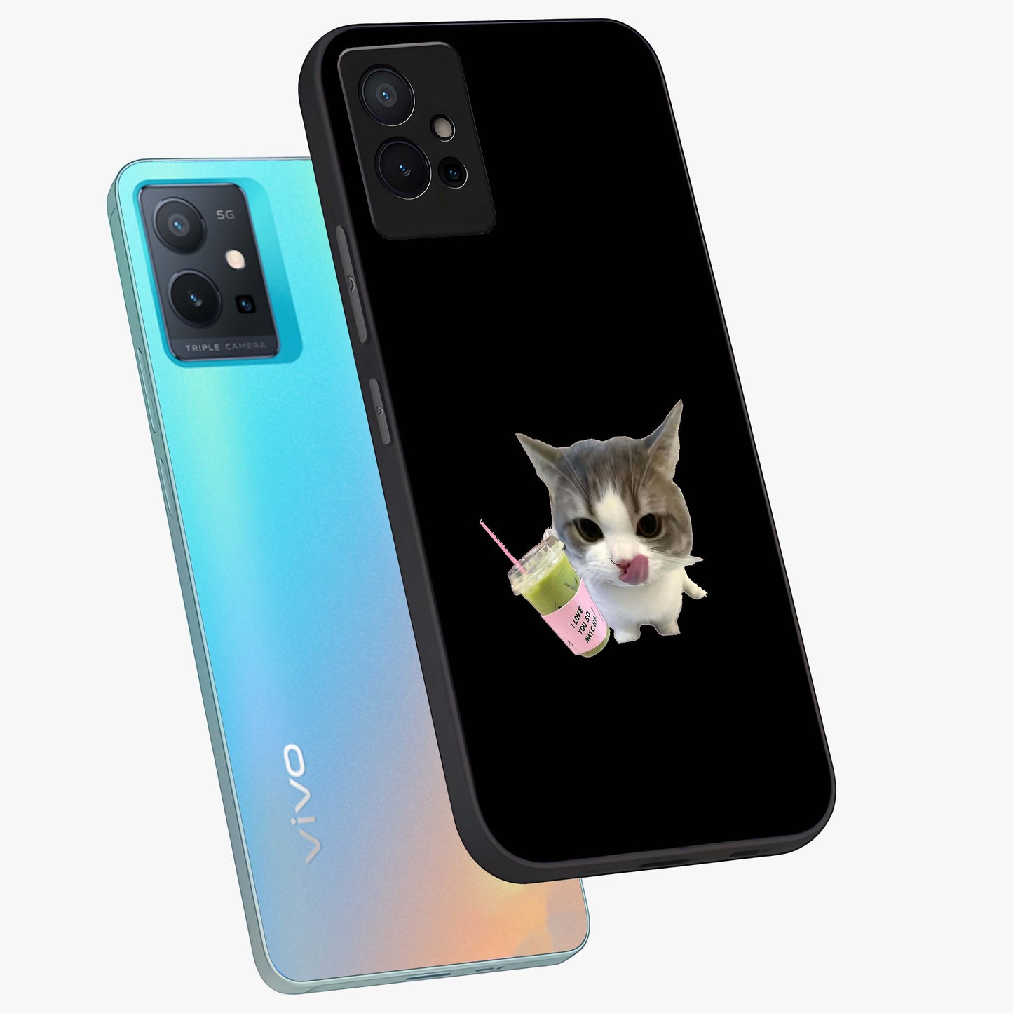Matcha Cat Style Glass Case displayed in angled mockup highlighting playful feline design with pastel matcha aesthetic.
