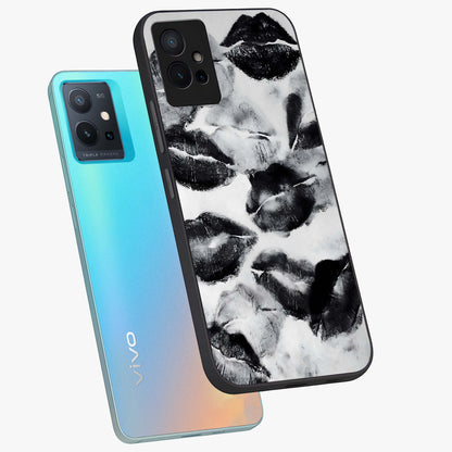 Midnight Kiss Marks Glass Case displayed in angled mockup highlighting playful romantic design with bold midnight aesthetic.