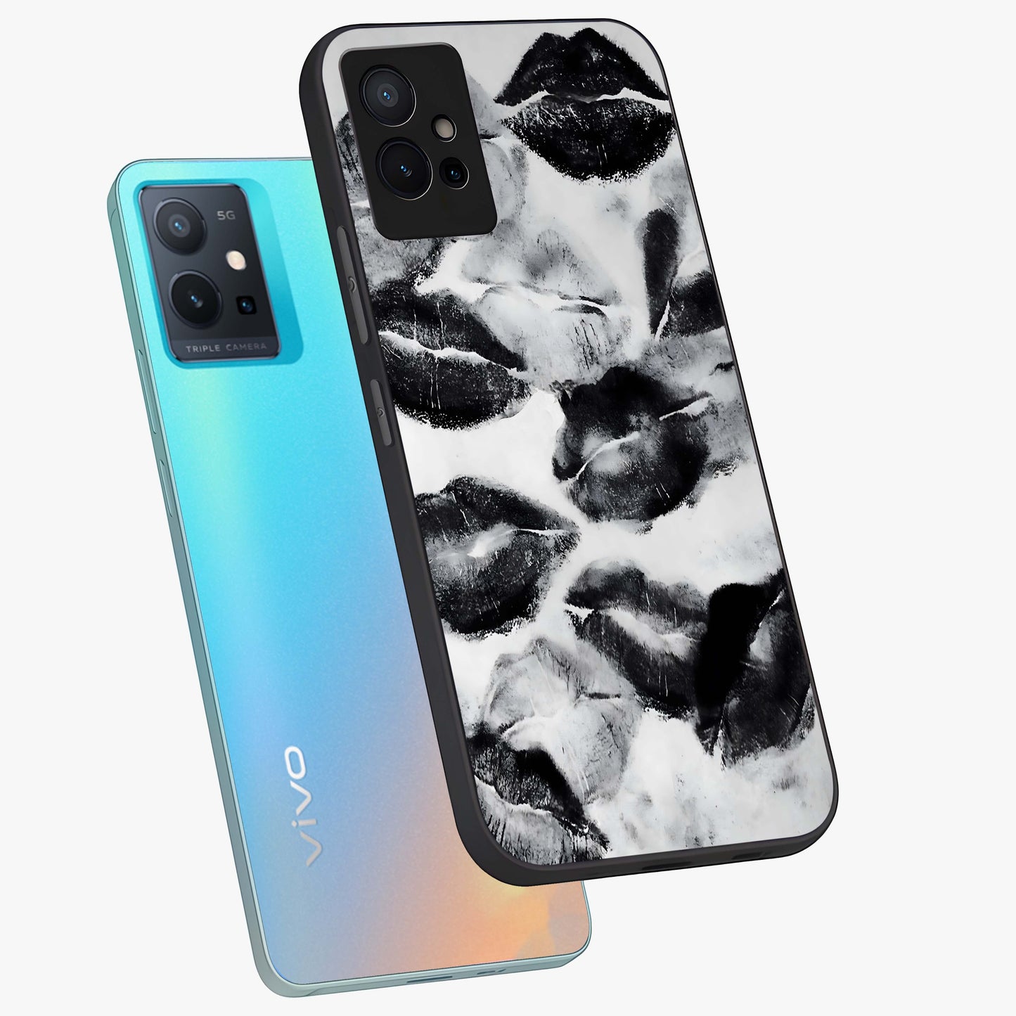Midnight Kiss Marks Glass Case displayed in angled mockup highlighting playful romantic design with bold midnight aesthetic.