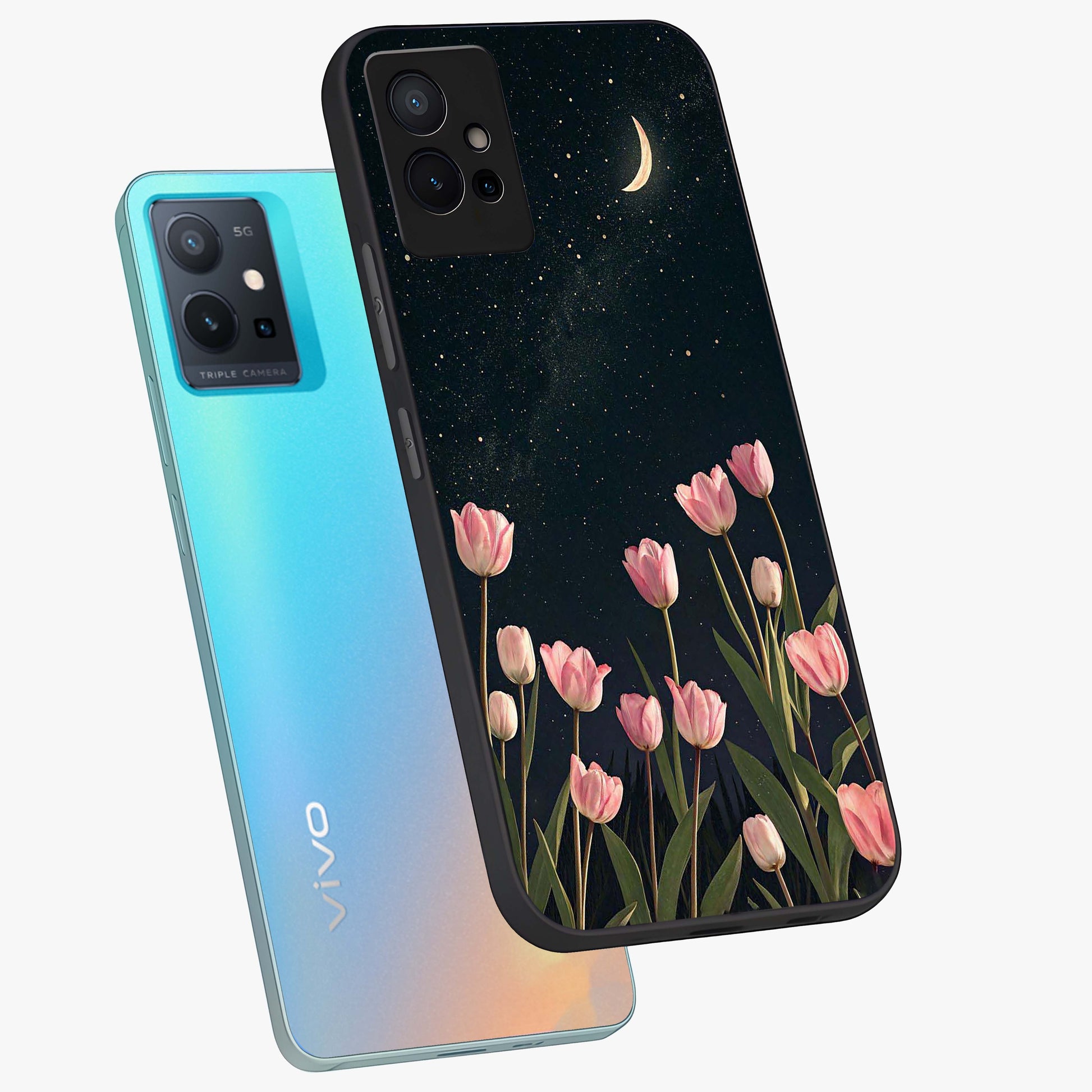 Midnight Tulip Whispers Vibe Glass Case displayed in angled mockup highlighting delicate tulip design with midnight floral aesthetic.