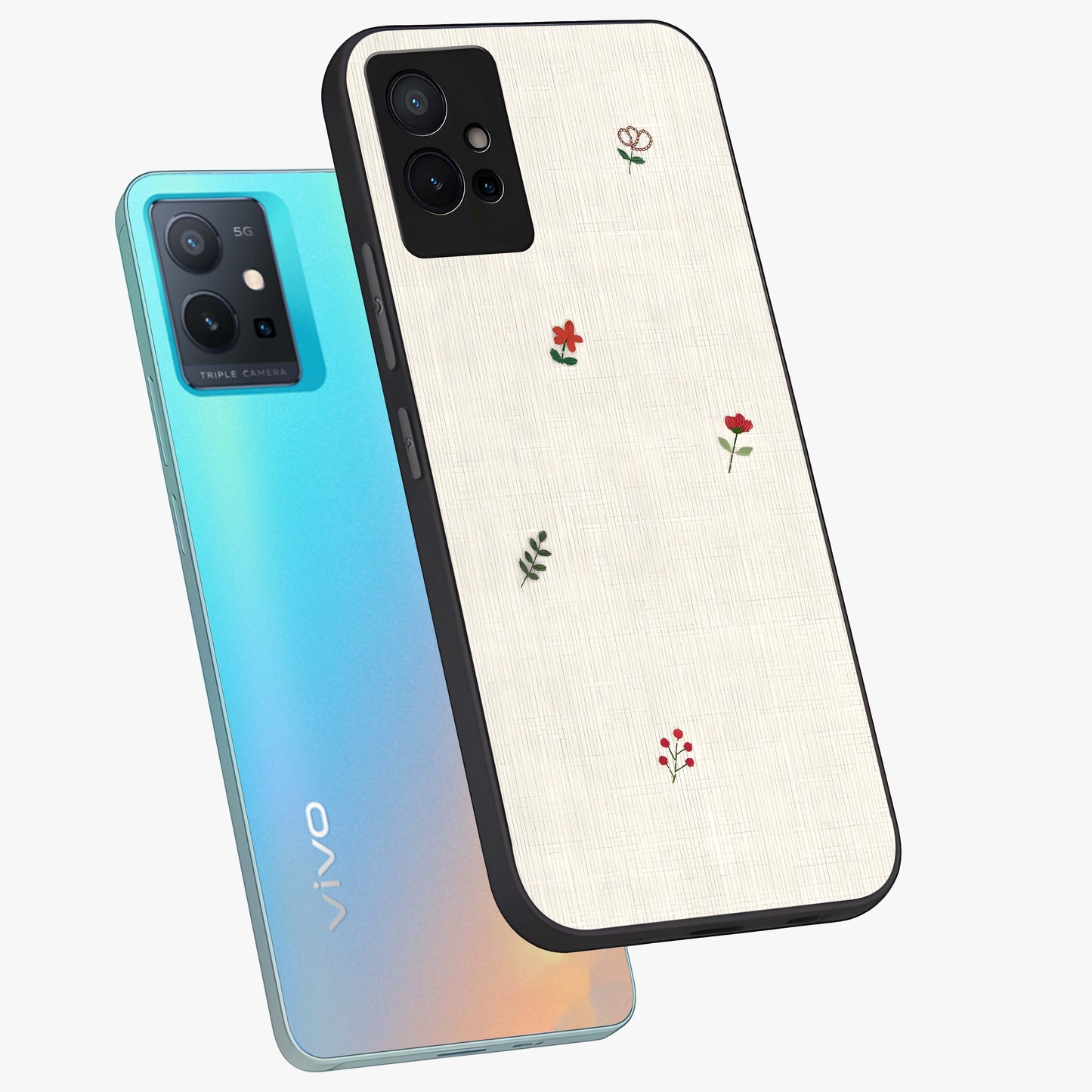 Minimalistic Blue With White Flower Pattern Glass Case displayed in angled mockup highlighting simple floral design with minimal aesthetic.