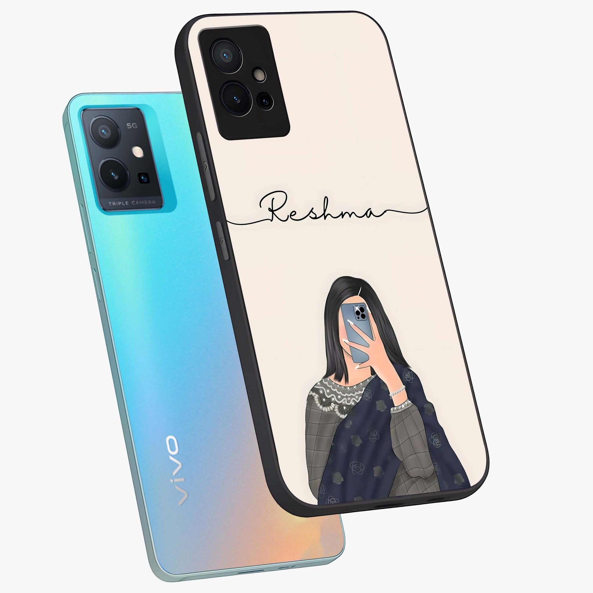Mirror Mood Muse With Custom Name Glass Case displayed in angled mockup highlighting aesthetic mirror inspired design with custom name feature.