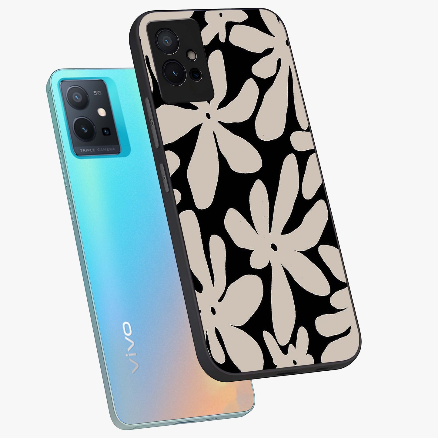 Monochrome Petal Dance Glass Case displayed in angled mockup highlighting elegant petal design with black and white aesthetic.