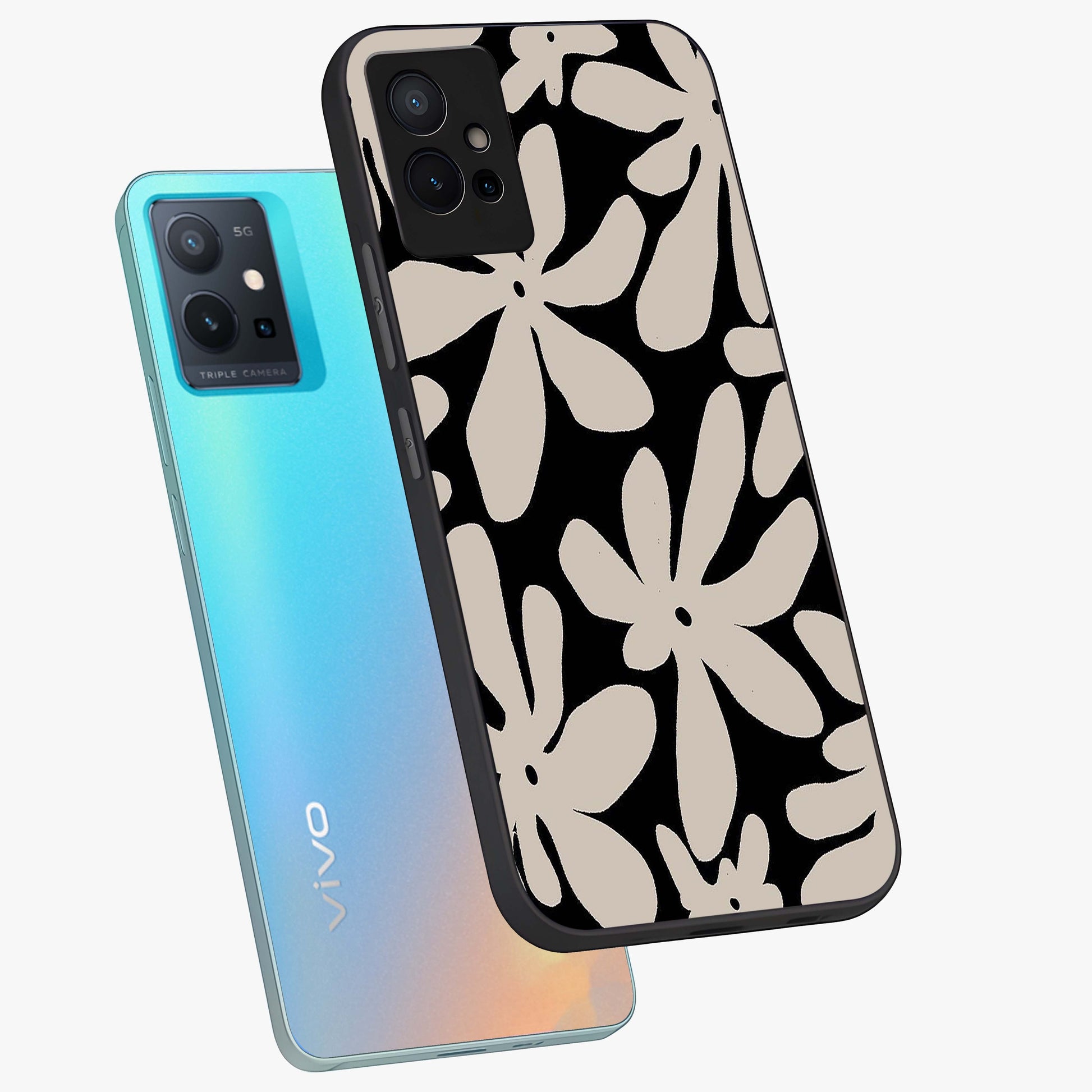 Monochrome Petal Dance Glass Case displayed in angled mockup highlighting elegant petal design with black and white aesthetic.