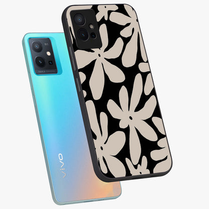 Monochrome Petal Dance Glass Case displayed in angled mockup highlighting elegant petal design with black and white aesthetic.