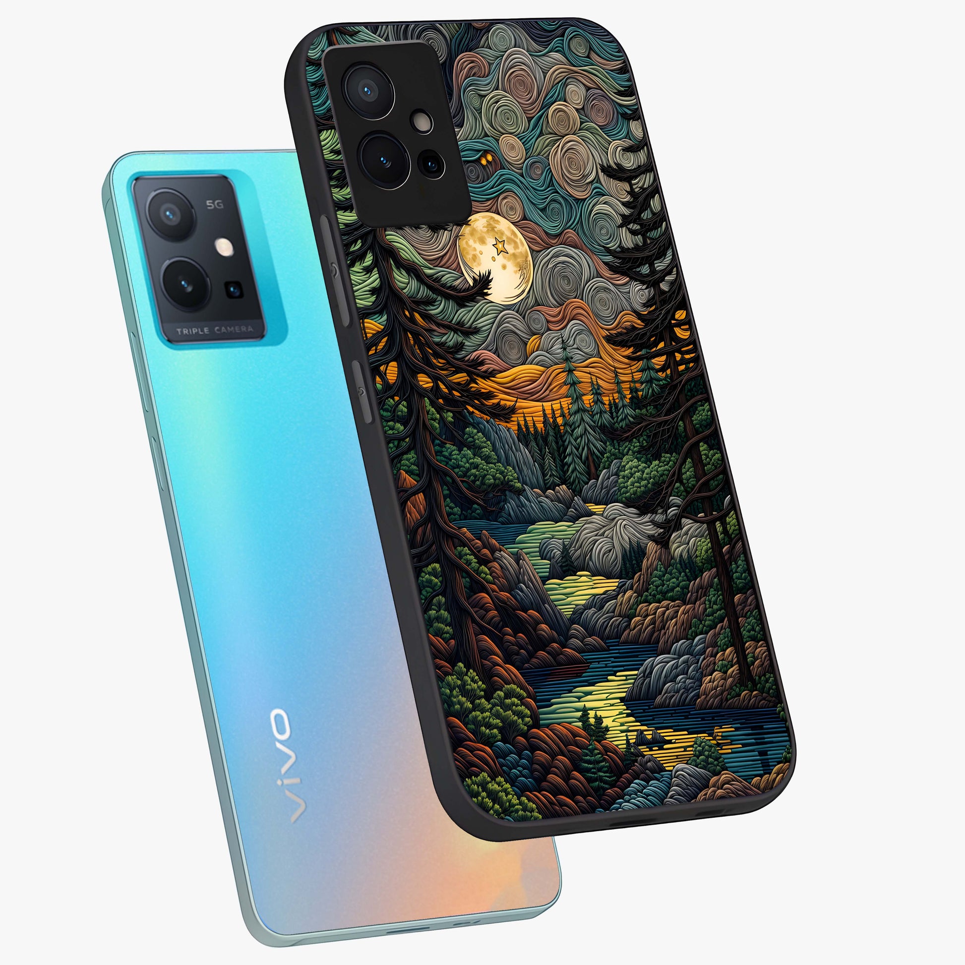 Moonlight Forest Dream Glass Case displayed in angled mockup highlighting dreamy forest design with glowing moon aesthetic.