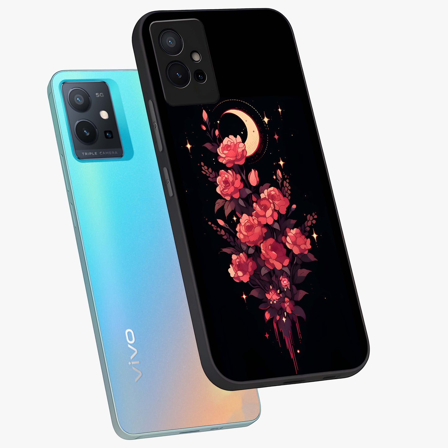 Moonlit Floral Elegance Glass Case displayed in angled mockup highlighting graceful flower design with soft moonlight aesthetic.