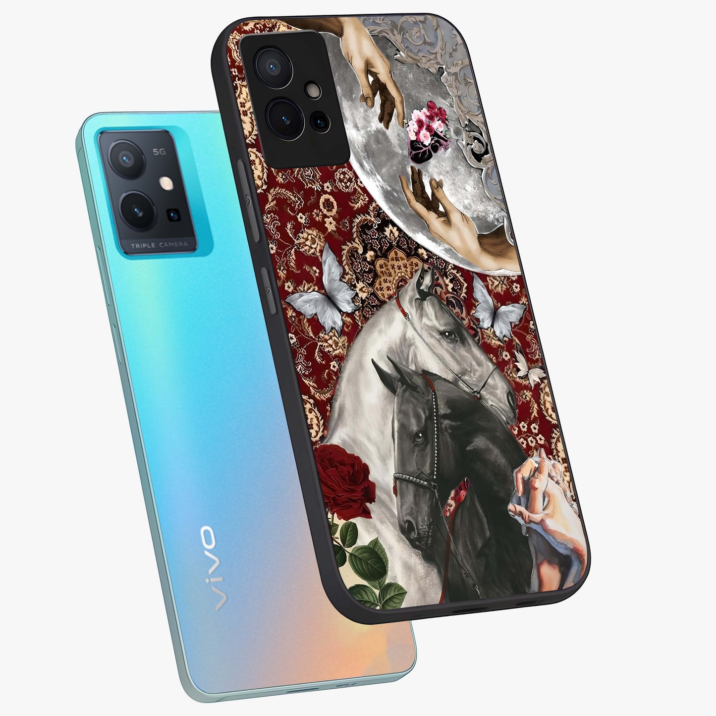 Moonlit Royal Stallion Glass Case displayed in angled mockup highlighting powerful stallion illustration with royal night aesthetic.
